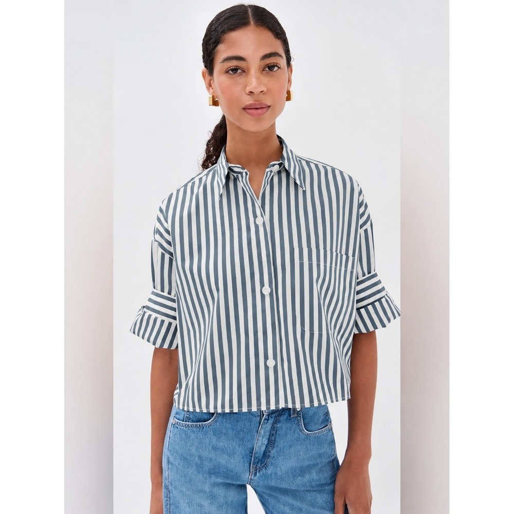 TWP Next Ex Shirt M/L Blue Stripe Button Down Boxy Cropped Preppy Minimalist